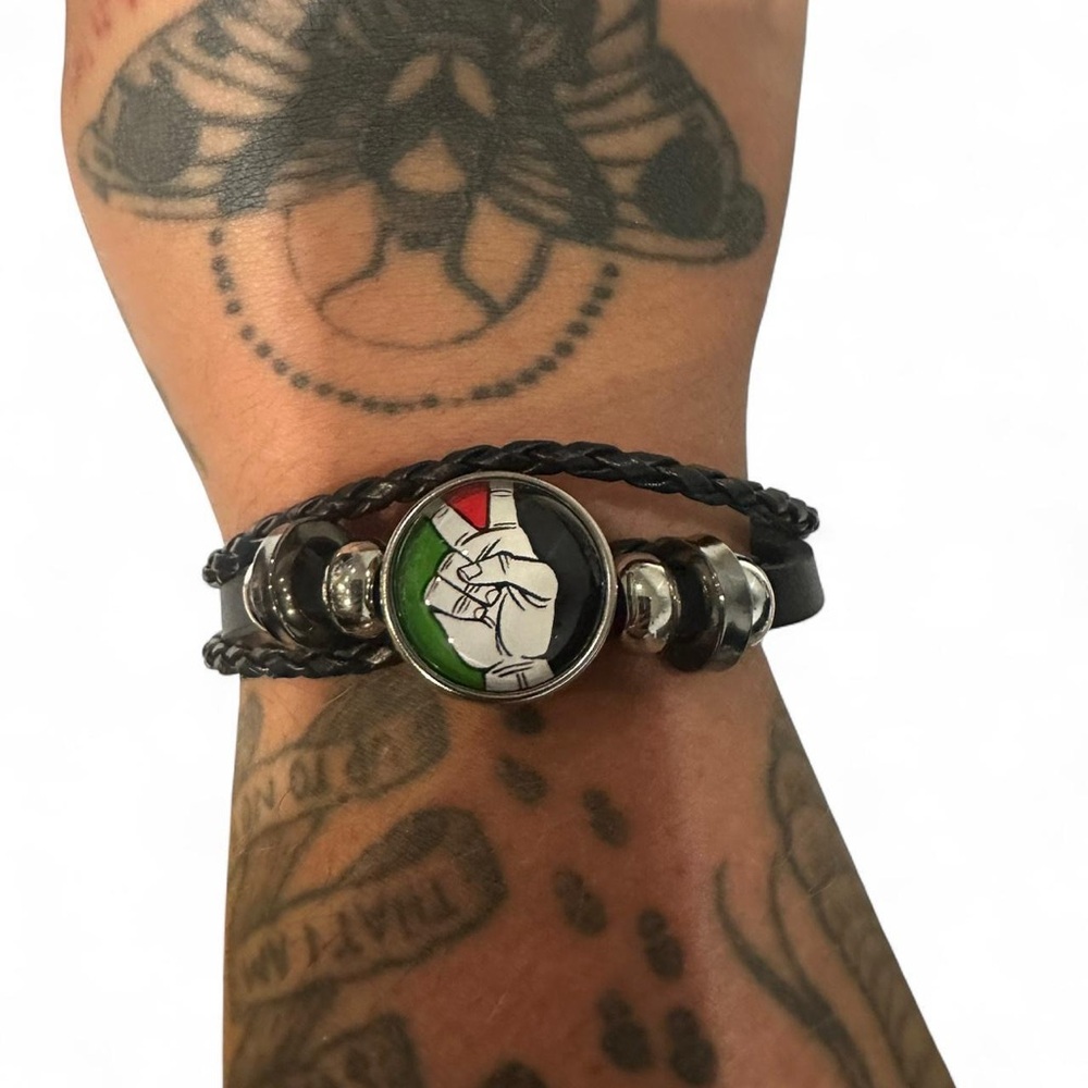 Black pleather Palestine peace sign bracelet with adjustable cords